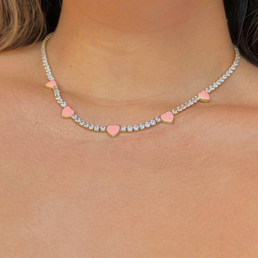 Pink Heart Tennis Necklace (18k Gold Plated)