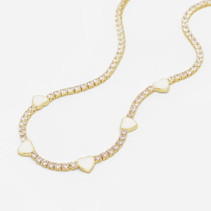 White Heart Tennis Necklace (18k Gold Plated)