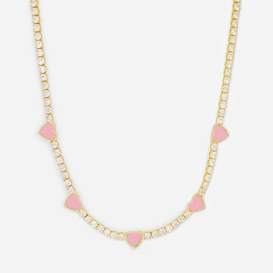 Pink Heart Tennis Necklace (18k Gold Plated)