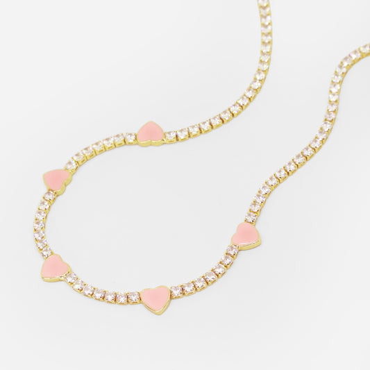 Pink Heart Tennis Necklace (18k Gold Plated)