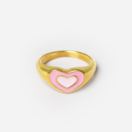 Pastel Pink Signet Heart Ring (18k Gold Plated)